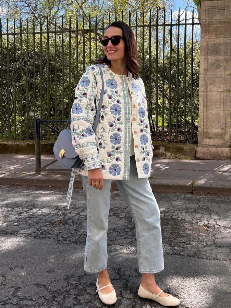 Dames Bloemenprint Jasje – Elegante Katoenen Jas