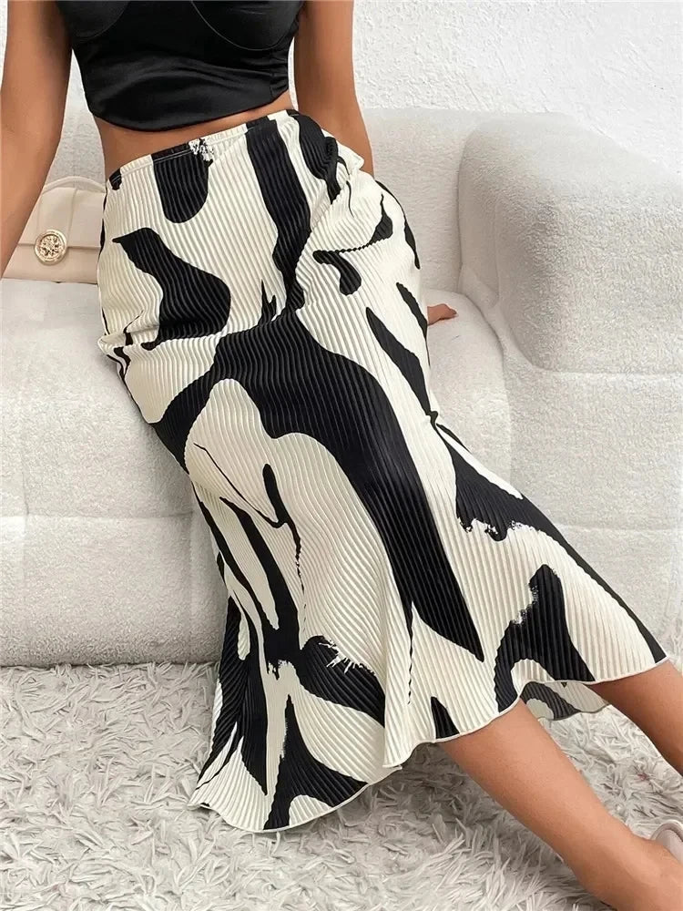 Dames Midi-Rok – Geplooid Model met Grafische Print en Hoge Taille