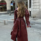 Dames Leren Trenchcoat – Bordeauxrode PU-Leren Jas met Ceintuur