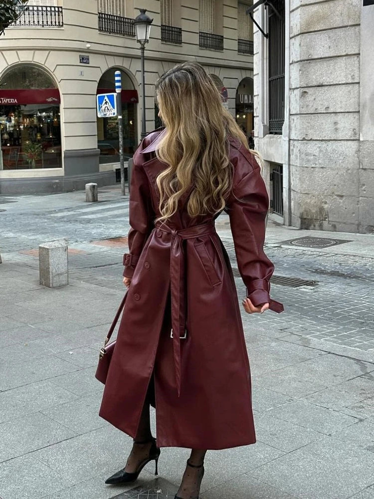 Dames Leren Trenchcoat – Bordeauxrode PU-Leren Jas met Ceintuur