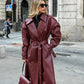 Dames Leren Trenchcoat – Bordeauxrode PU-Leren Jas met Ceintuur