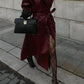 Dames Leren Trenchcoat – Bordeauxrode PU-Leren Jas met Ceintuur
