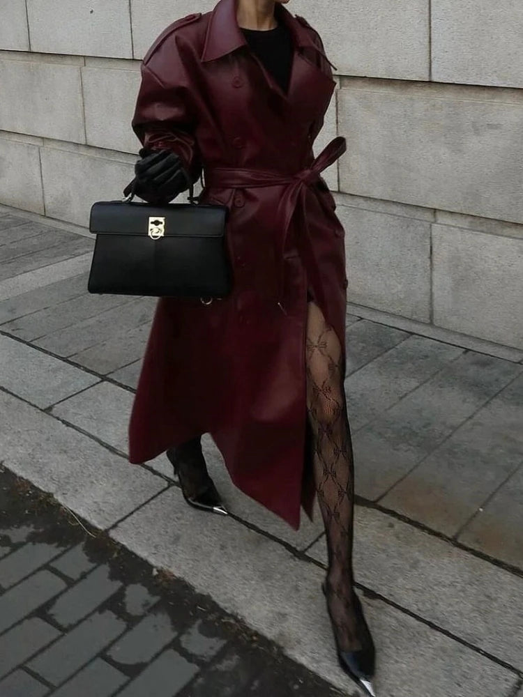 Dames Leren Trenchcoat – Bordeauxrode PU-Leren Jas met Ceintuur