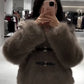 Dames Faux Fur Winterjas – Bruine Kunstbont Jas met PU Riem en Knopen