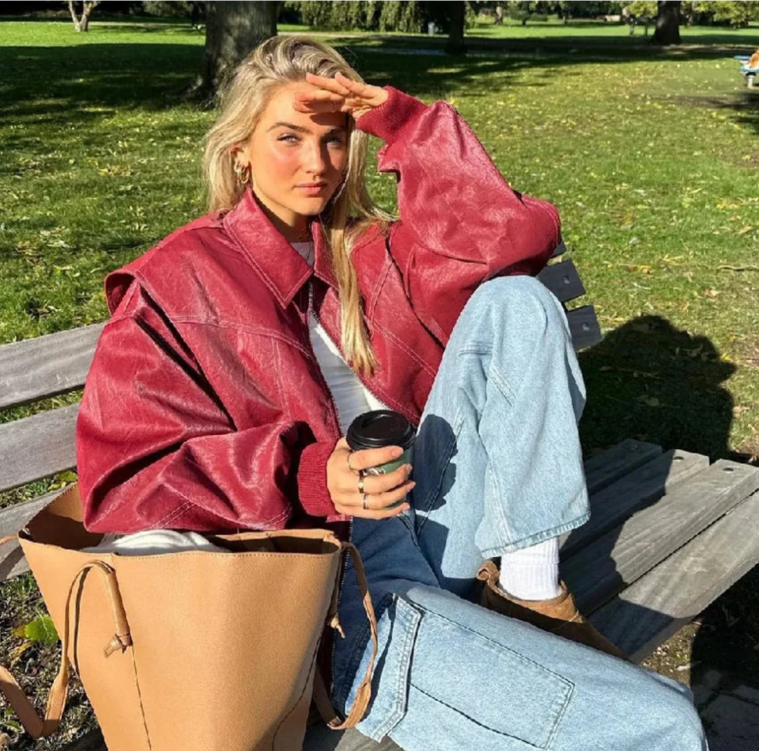 Dames Leren Oversized Jas – Rode Statement Jacket