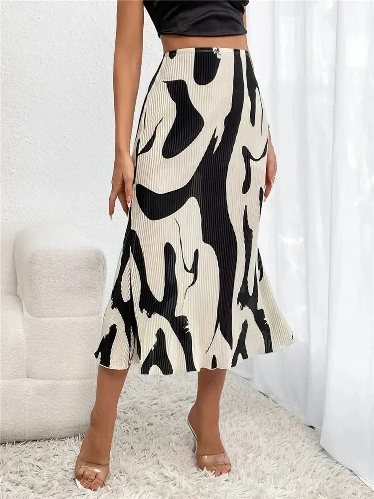 Dames Midi-Rok – Geplooid Model met Grafische Print en Hoge Taille