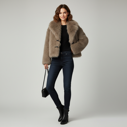 Dames Faux Fur Winterjas – Bruine Kunstbont Jas met PU Riem en Knopen