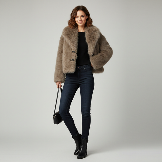 Dames Faux Fur Winterjas – Bruine Kunstbont Jas met PU Riem en Knopen