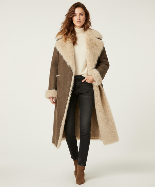 Vintage Leren Bontjas Dames - Lange Winterjas, Dubbelzijdig Chic